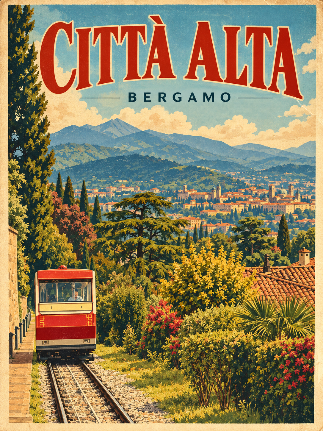 Città Alta Bergamo Italy Vintage Travel Poster | Italian Funicular Wall Art