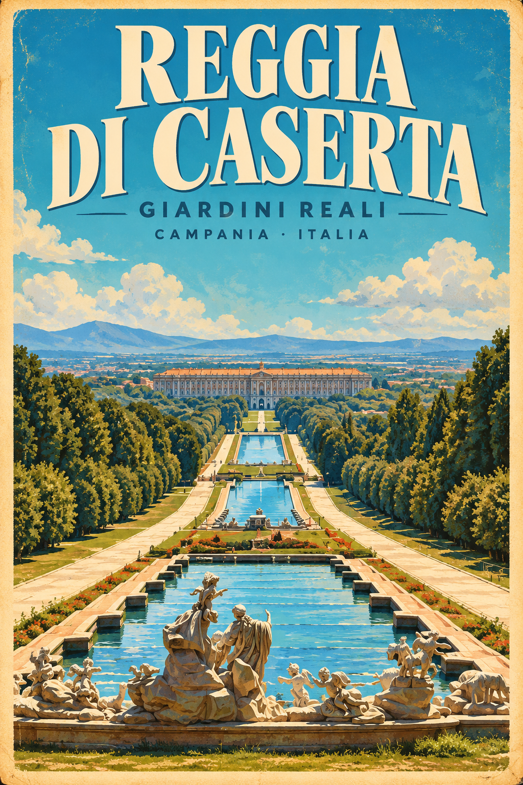 Reggia di Caserta Italy Vintage Travel Poster | Royal Gardens Italian Wall Art | Caserta Travel Print